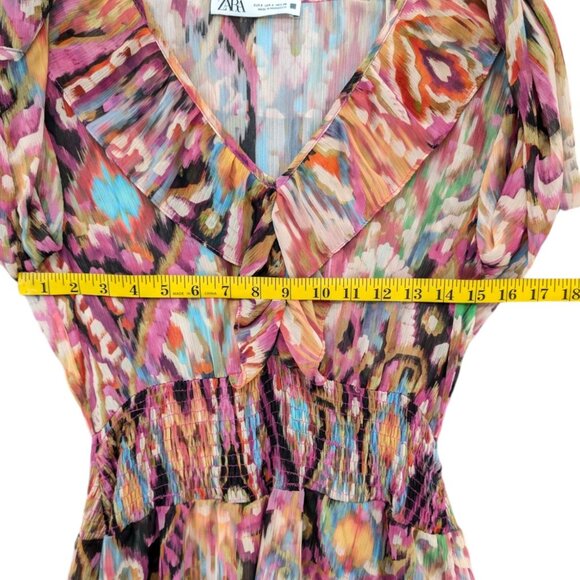 Zara Mini Ruffle Dress Multicolor Long Sleeve Smocked Tiered Sheer Size S - Picture 6 of 10